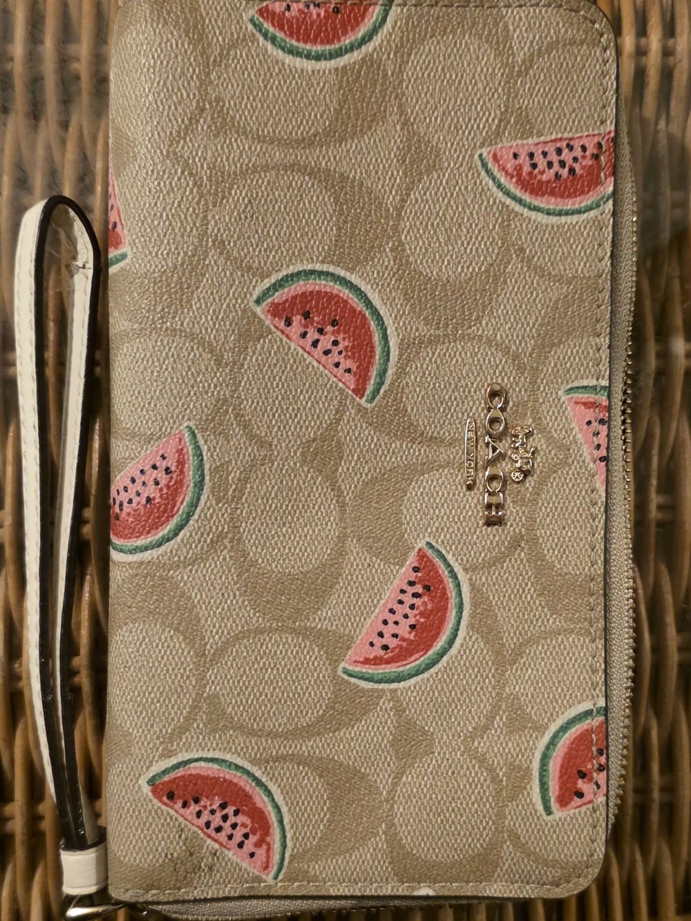 Coach Beige Signature Wristlet with Pink & Green Watermelon Print